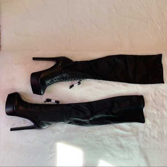 Black Leather Thigh High Stiletto Boots By Ruthie Davis - Picture 7 of 8